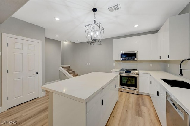 kitchen with stainless steel appliances, hanging light fixtures, a kitchen island, white cabinets, and sink