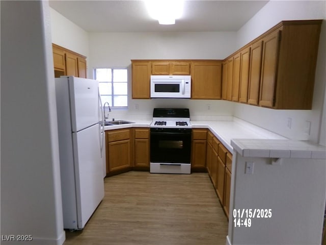 kitchen with light hardwood / wood-style floors, sink, and white appliances