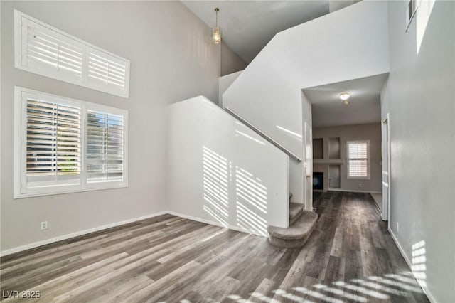 foyer entrance with a towering ceiling and wood-type flooring