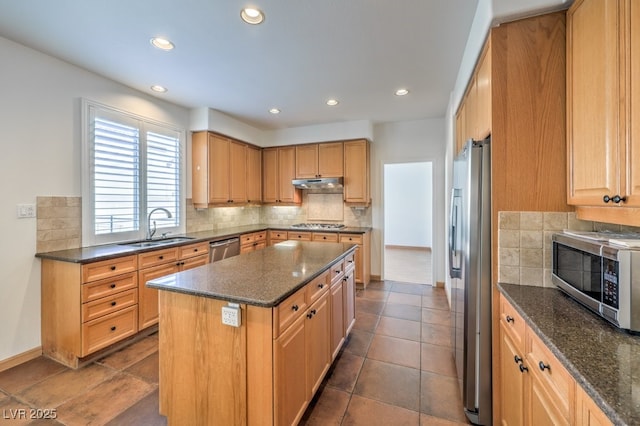 kitchen featuring stainless steel appliances, tasteful backsplash, a sink, a kitchen island, and under cabinet range hood