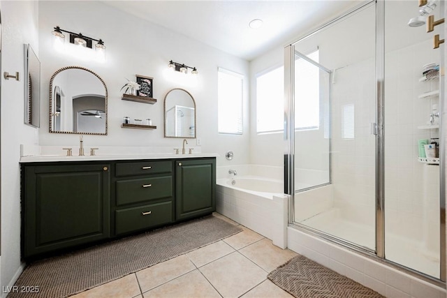 bathroom featuring tile patterned floors, vanity, and plus walk in shower