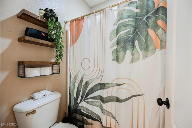 bathroom with toilet and a shower with shower curtain