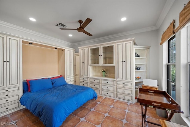 bedroom featuring ceiling fan and ornamental molding