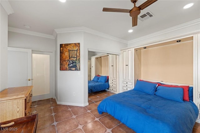 bedroom with ceiling fan, tile patterned flooring, and crown molding