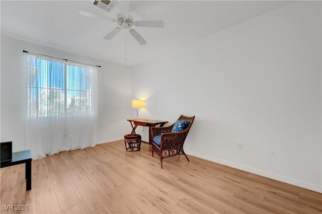 sitting room featuring ceiling fan and light hardwood / wood-style floors