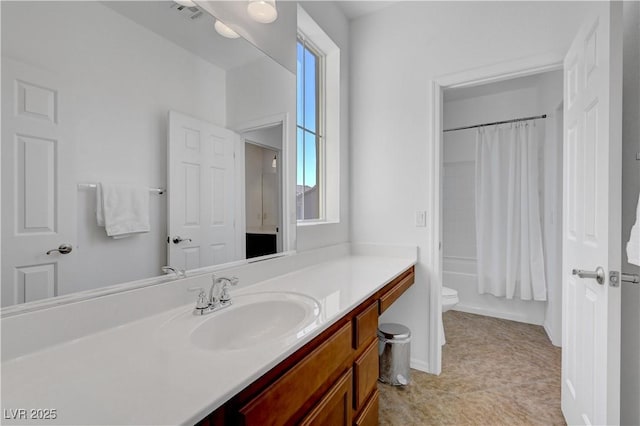 full bathroom with toilet, vanity, a wealth of natural light, and shower / bath combination with curtain