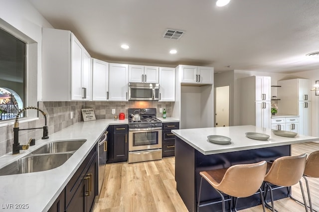 kitchen featuring tasteful backsplash, a breakfast bar, sink, stainless steel appliances, and white cabinets