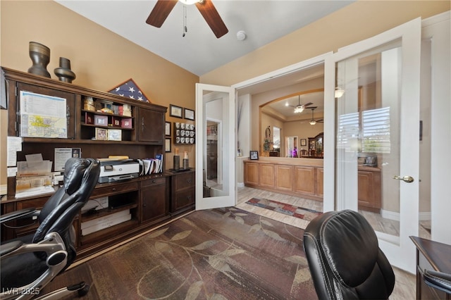 office featuring ceiling fan and french doors