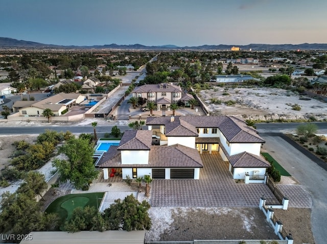 view of aerial view at dusk