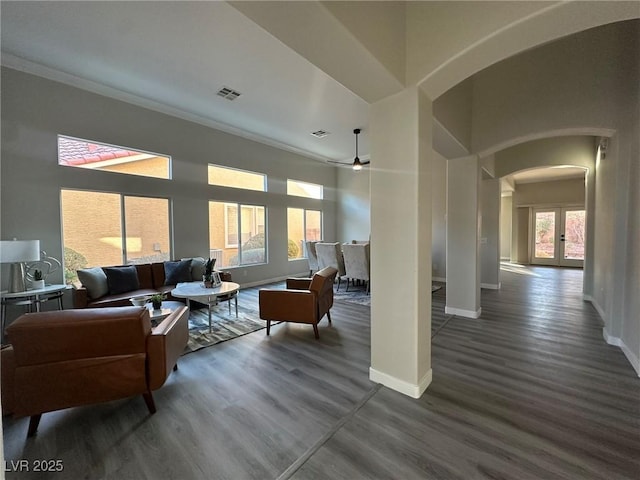 living room with french doors, ceiling fan, crown molding, and hardwood / wood-style floors