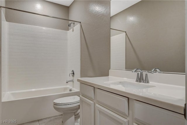 full bathroom featuring toilet, vanity, tub / shower combination, and tile patterned floors