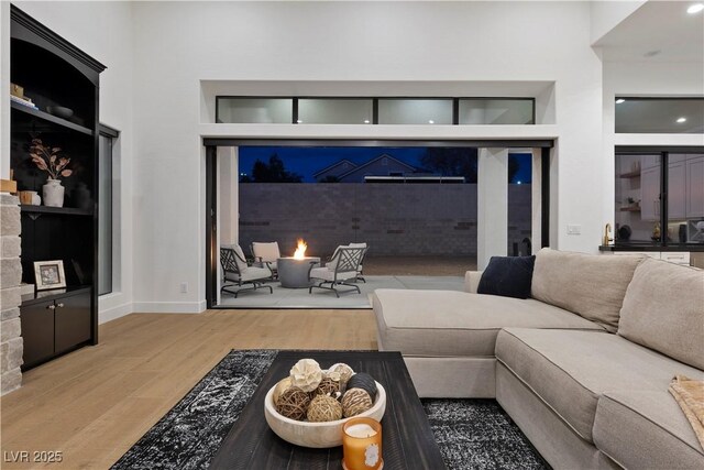 living room with hardwood / wood-style floors and built in features