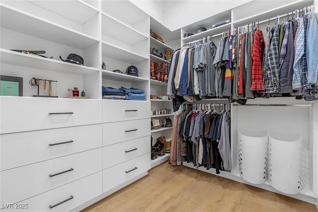 walk in closet with light hardwood / wood-style floors