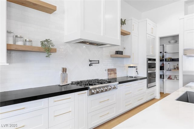 kitchen featuring light hardwood / wood-style flooring, custom range hood, white cabinets, decorative backsplash, and stainless steel appliances