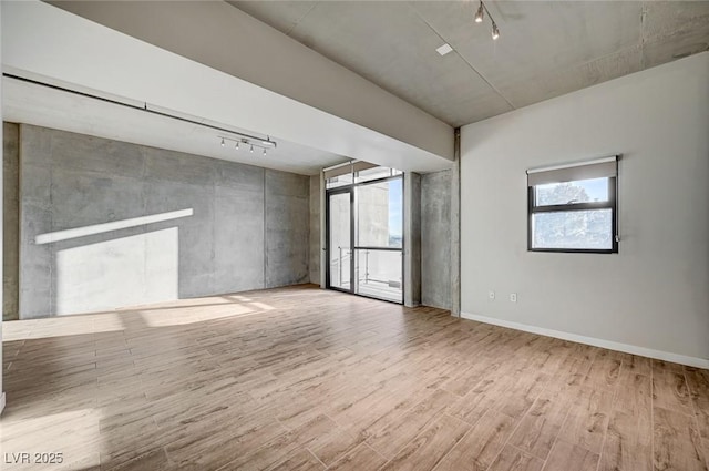 empty room featuring rail lighting and light hardwood / wood-style floors