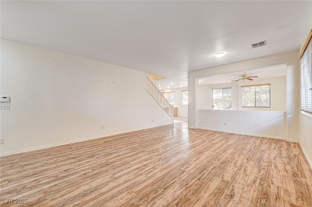 unfurnished living room with ceiling fan and light wood-type flooring