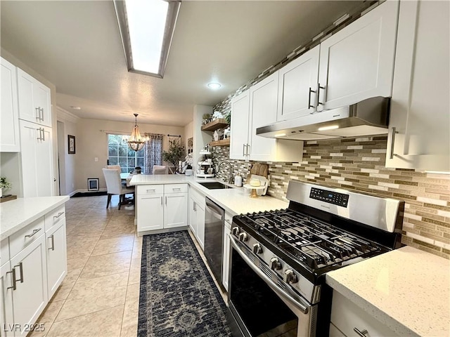 kitchen with white cabinetry, stainless steel appliances, sink, hanging light fixtures, and kitchen peninsula