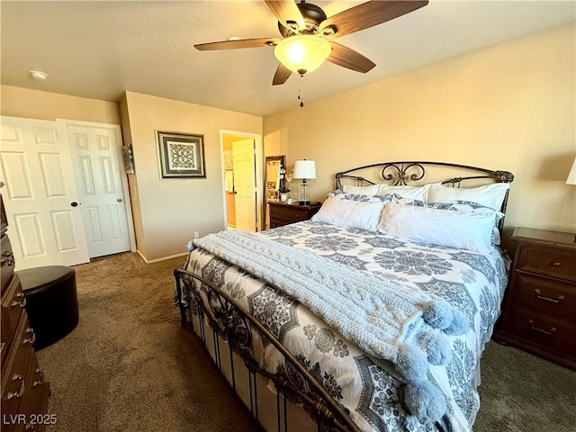 bedroom featuring ceiling fan, a closet, and dark carpet