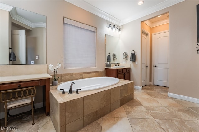 bathroom with tiled bath, tile patterned floors, vanity, and ornamental molding