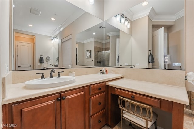 bathroom featuring vanity, crown molding, and an enclosed shower