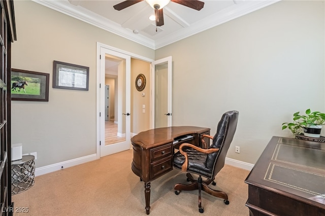 office space featuring light carpet, ceiling fan, and ornamental molding