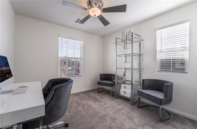 office with ceiling fan and carpet flooring