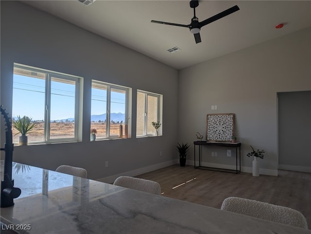 living room featuring hardwood / wood-style flooring, a mountain view, and ceiling fan