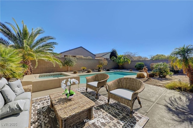 view of pool featuring an in ground hot tub and a patio area