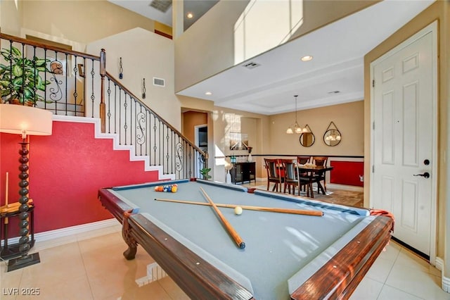 playroom with billiards, a notable chandelier, and light tile patterned flooring