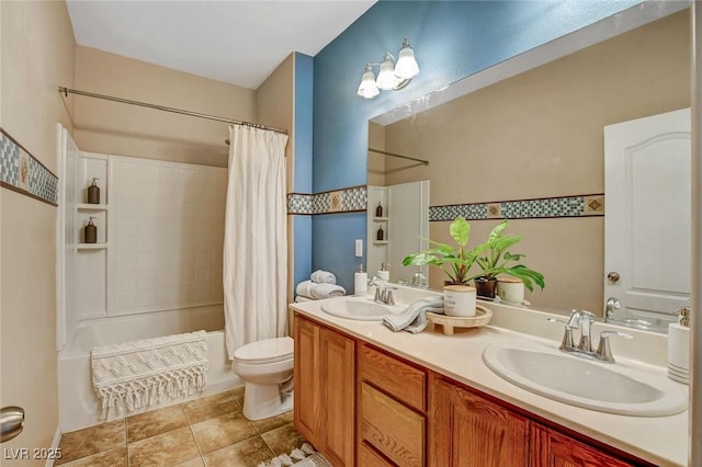 full bathroom featuring shower / tub combo with curtain, vanity, toilet, and tile patterned flooring