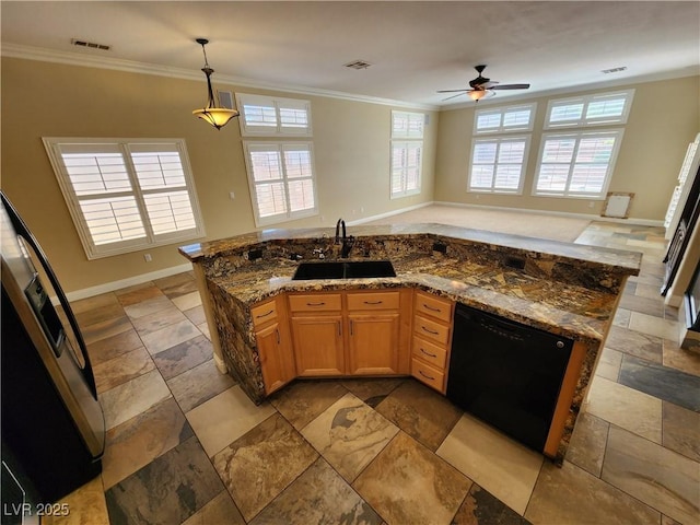 kitchen featuring decorative light fixtures, black dishwasher, sink, fridge, and crown molding