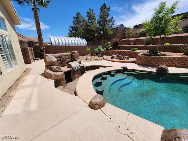 view of pool featuring exterior kitchen