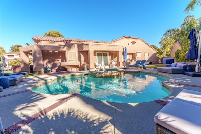 view of pool featuring french doors, an outdoor living space, a patio area, and an in ground hot tub