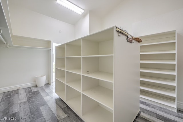 spacious closet featuring lofted ceiling and wood-type flooring