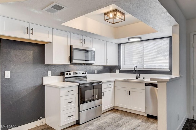 kitchen with white cabinetry, appliances with stainless steel finishes, a raised ceiling, light hardwood / wood-style flooring, and sink