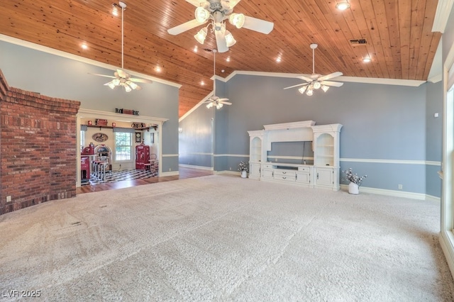 unfurnished living room with high vaulted ceiling, crown molding, carpet floors, and wooden ceiling