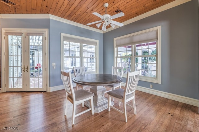 dining room featuring light wood-type flooring, french doors, and wooden ceiling