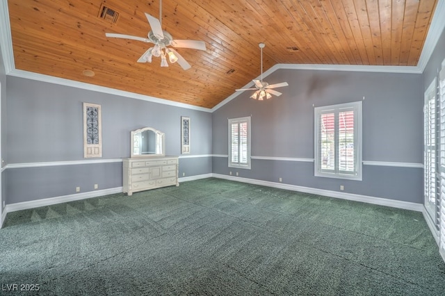 carpeted empty room featuring ceiling fan, wooden ceiling, ornamental molding, and lofted ceiling