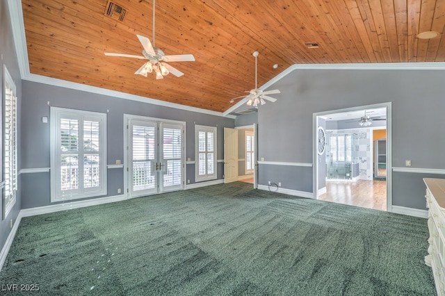 unfurnished living room with lofted ceiling, light carpet, french doors, ornamental molding, and wooden ceiling