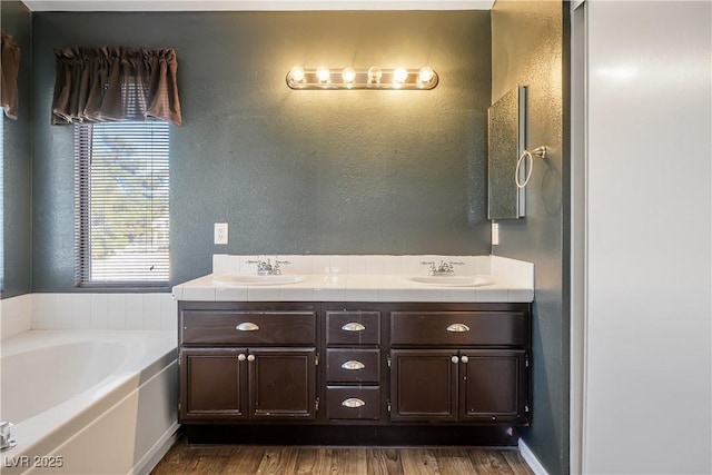 bathroom featuring wood-type flooring, vanity, and a washtub