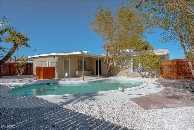 view of pool with a patio area and a diving board