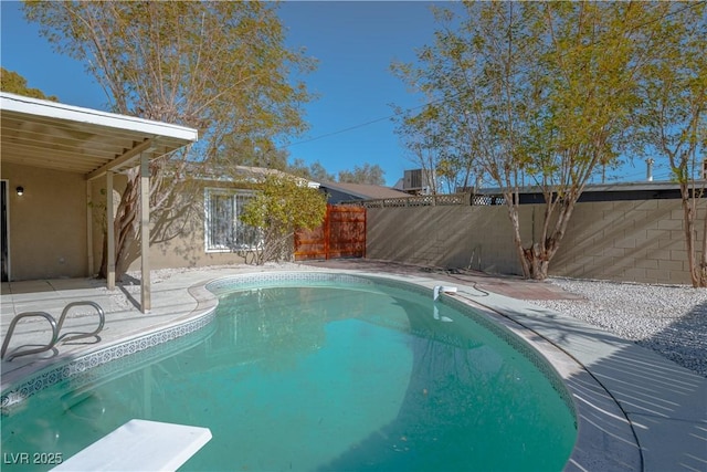 view of swimming pool with a diving board and a patio