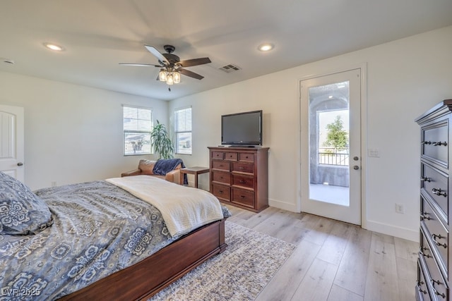 bedroom featuring access to outside, ceiling fan, and light wood-type flooring