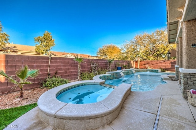 view of swimming pool featuring an in ground hot tub and pool water feature