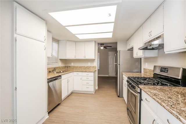 kitchen featuring white cabinetry, stainless steel appliances, light hardwood / wood-style floors, sink, and ceiling fan