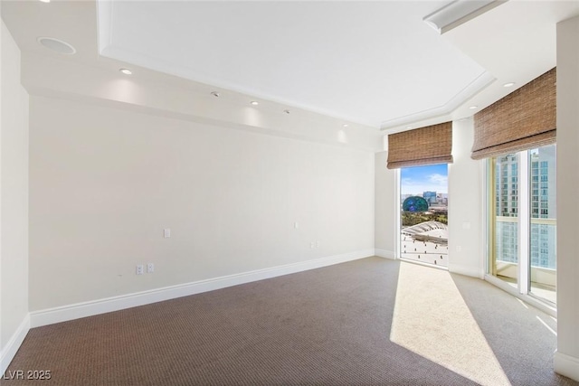 carpeted empty room featuring a raised ceiling