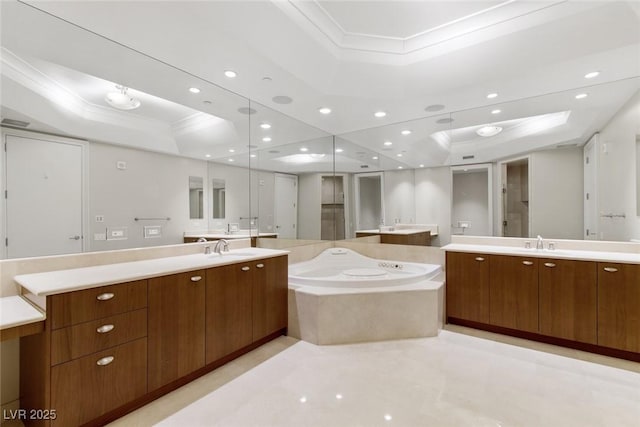 bathroom featuring crown molding, a raised ceiling, vanity, and a washtub