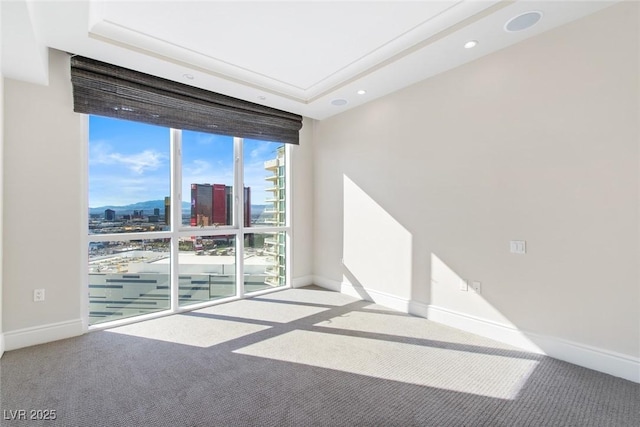 empty room with floor to ceiling windows, a tray ceiling, and carpet floors