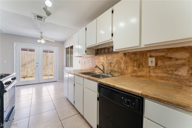 kitchen with white cabinetry, sink, backsplash, black appliances, and french doors