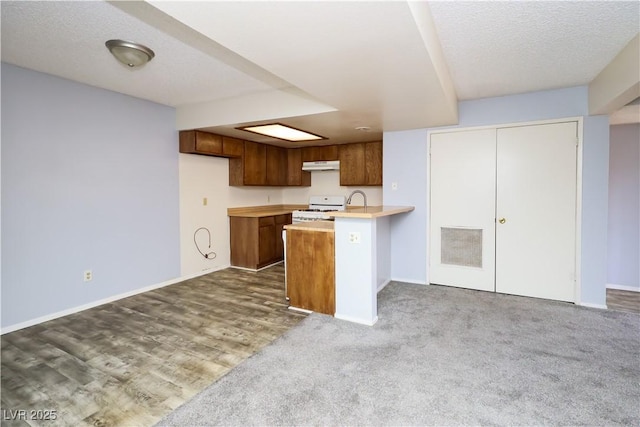3790 Desert Marina Dr Unit 147, Laughlin, NV 89029 - kitchen featuring white range with gas cooktop, under cabinet range hood, a peninsula, light countertops, and baseboards
